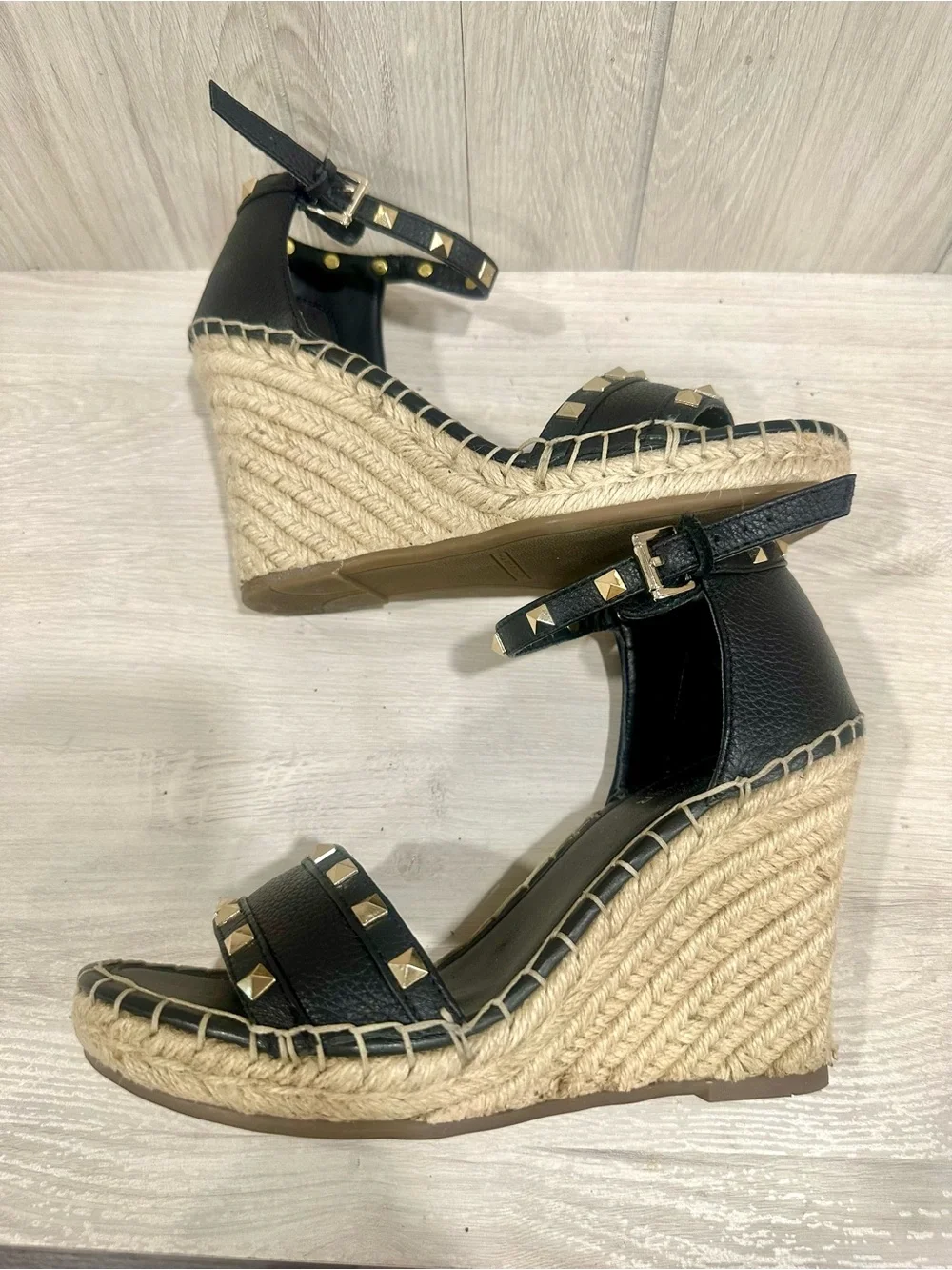 Marc Fisher Black Studded Espadrille Wedge Sandals Size 7 - Picture 7 of 9